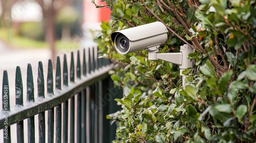 Outdoor security camera mounted on a lush green hedge near a residential fence in daylight