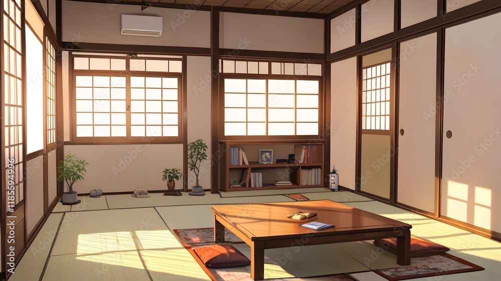 Minimalist Japanese Room with Bookshelf Minimalist Japanese Room with Bookshelf
