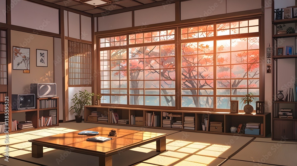 Minimalist Japanese Room with Bookshelf Minimalist Japanese Room with Bookshelf