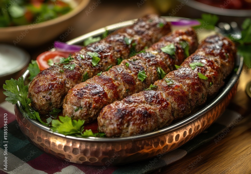 Deliciously Grilled Kebabs Served on a Copper Platter with Fresh Vegetables and Garnishes in a Warm Culinary Setting Deliciously Grilled Kebabs Served on a Copper Platter with Fresh Vegetables and Garnishes in a Warm Culinary Setting