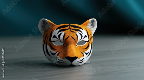 a tiger mask on a table with a blue background photo