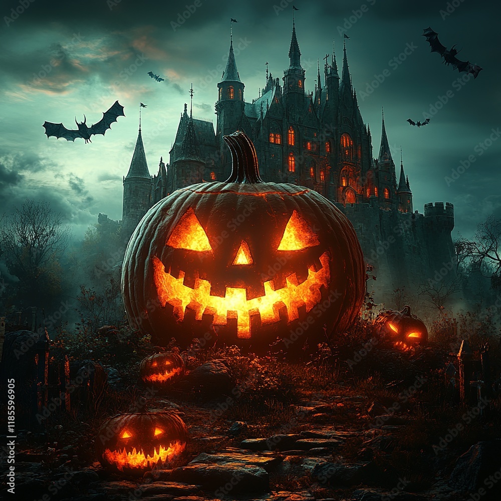A spooky Halloween scene featuring a glowing jack-o'-lantern, bats, and a castle under a dark sky. A spooky Halloween scene featuring a glowing jack-o'-lantern, bats, and a castle under a dark sky.