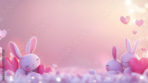 Cute Pink Bunnies with Hearts on a Soft Romantic Background