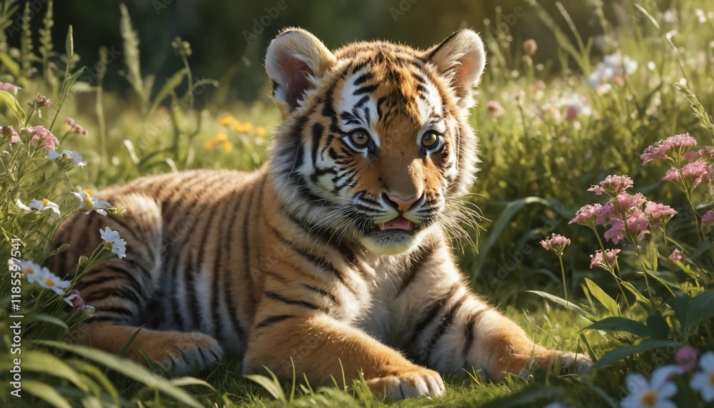 Obraz premium A photorealistic image of a playful tiger cub in a sunlit meadow