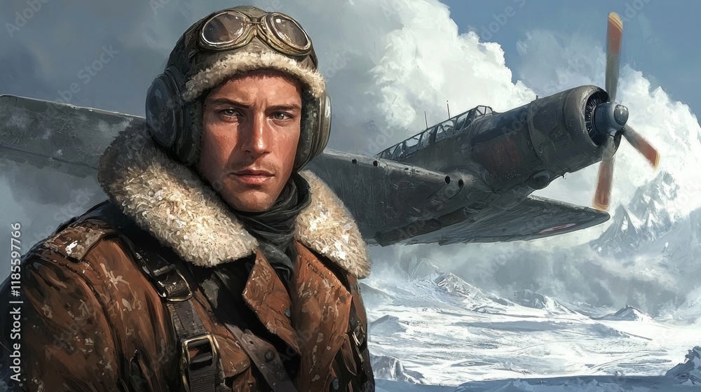 Naklejka premium Skilled pilot in winter gear stands confidently with a vintage aircraft amidst a snowy mountain landscape