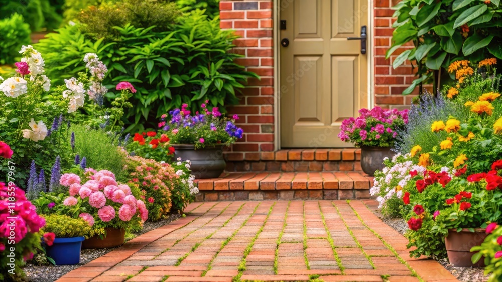 Fototapeta premium A delicate flower border surrounds the edges of a brick walkway leading to a front door, horticulture, architectural details, garden decor, outdoor feature