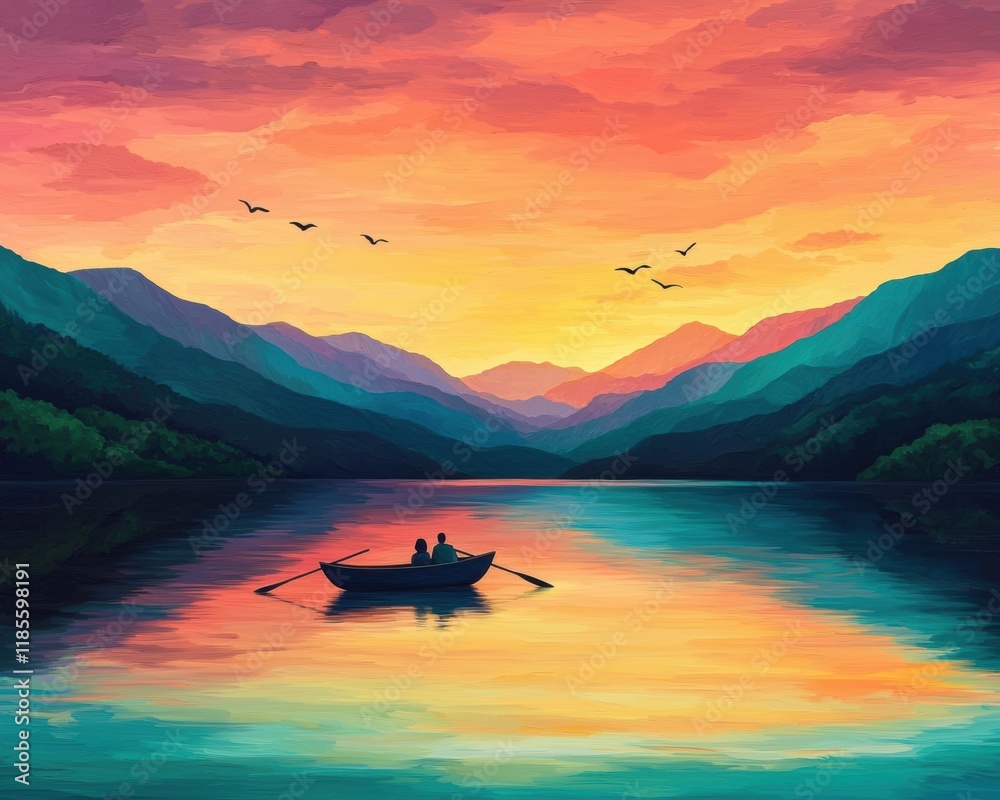Scenic Sunset Over Tranquil Lake with Rowboat and Silhouette Couple Scenic Sunset Over Tranquil Lake with Rowboat and Silhouette Couple