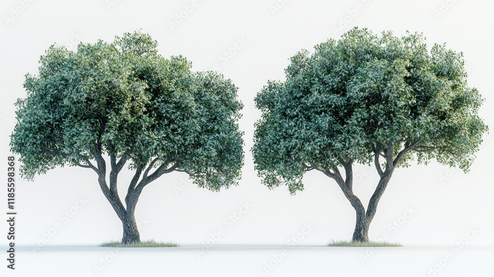 Obraz premium Twin Majestic Trees: A 3D Render of Two Lush, Full, Green Trees Against a White Background