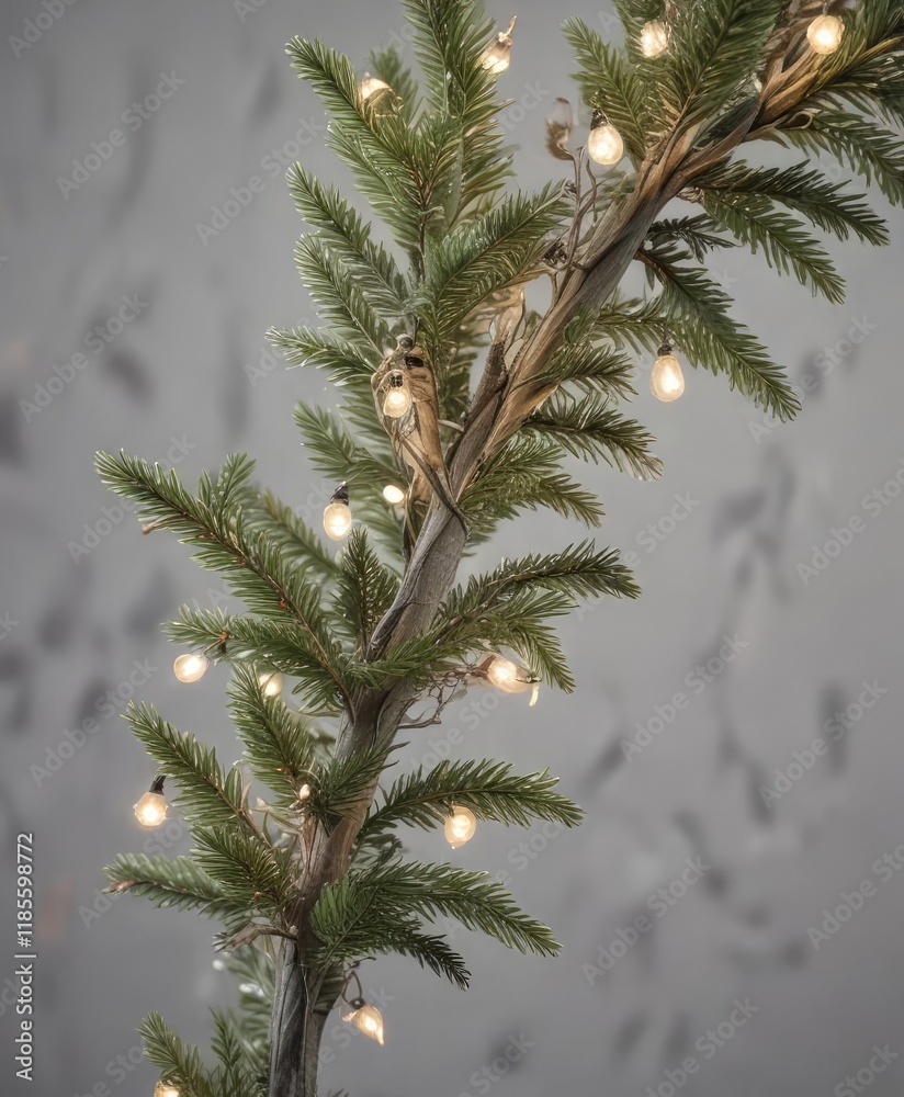 a decorated Christmas tree branch with fairy lights on a light gray background, winter wonderland, snowy, sprig a decorated Christmas tree branch with fairy lights on a light gray background, winter wonderland, snowy, sprig