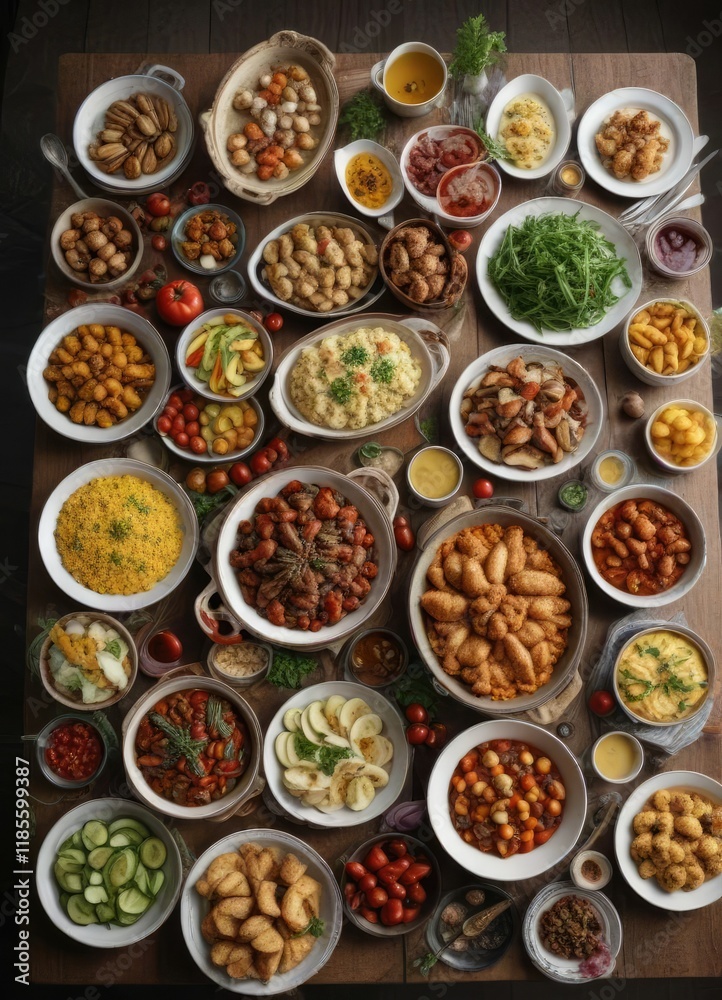 A bountiful table spread with a variety of side dishes, harvest feast, turkey with gravy A bountiful table spread with a variety of side dishes, harvest feast, turkey with gravy