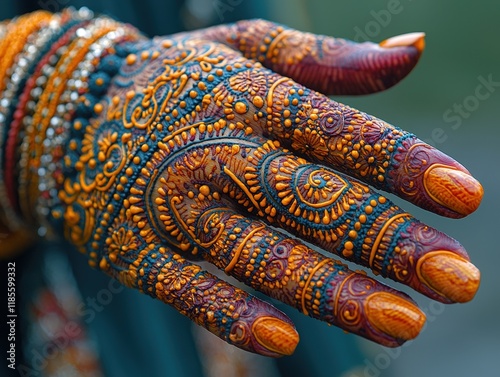 Intricate henna design with orange and blue details adorns a hand with jewelry. Ideal for wedding, cultural, or beauty content. photo