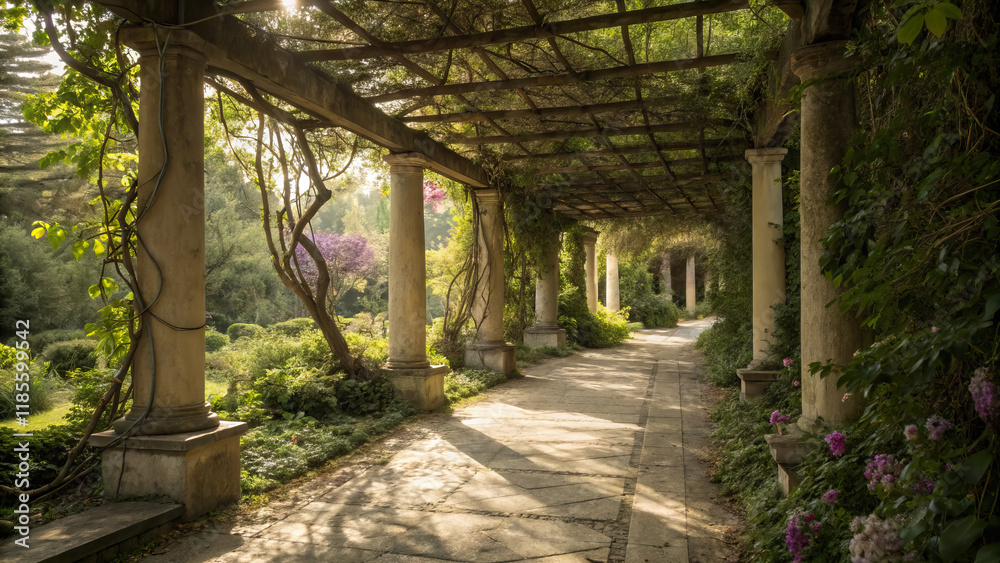 serene garden path with lush greenery and sunlight filtering through serene garden path with lush greenery and sunlight filtering through