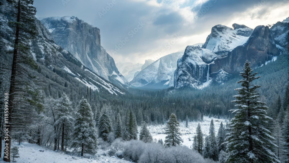 Snowy mountain landscape with towering cliffs and evergreen trees Snowy mountain landscape with towering cliffs and evergreen trees