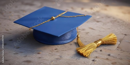 A blue graduation cap with a shiny gold tassel lying on the ground, fallen object, careless handling