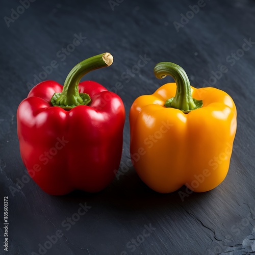 Two bell peppers, one red and one yellow, sit sidebyside on a dark background. They are fresh, firm, and showcase their bright colors. The stems are intact. photo