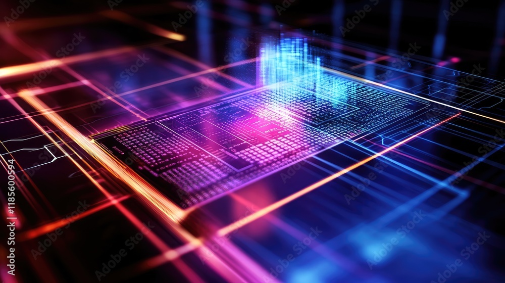Abstract representation of a microchip with vibrant digital elements and data visualization. Abstract representation of a microchip with vibrant digital elements and data visualization.