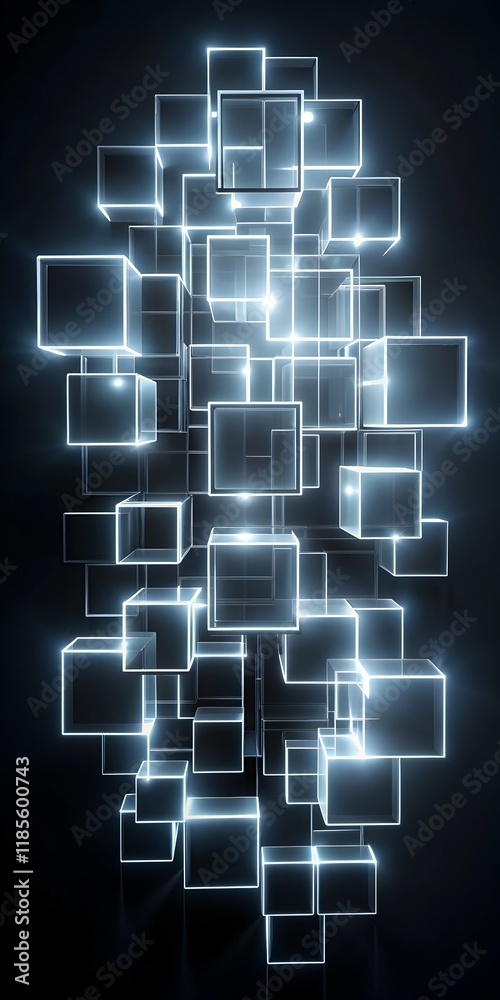 Obraz premium Dark Abstract Black Background with Glowing White Squares and Neon Glow Lines