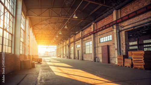 Spacious industrial warehouse with warm sunlight streaming in