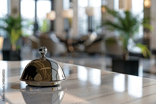 Hotel service bell in hotel lobby with bokeh light background photo