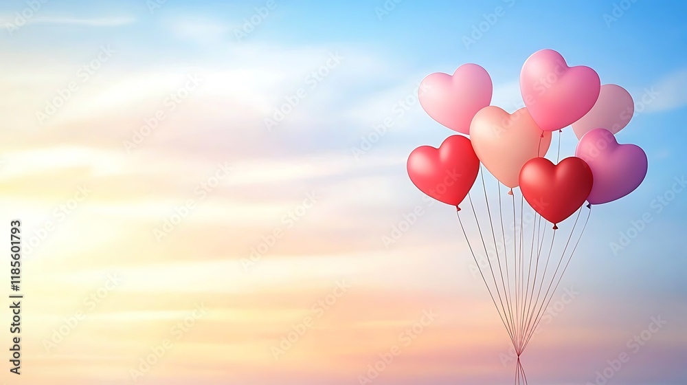 Fototapeta premium A seamless pattern of heart-shaped balloons floating in the sky, vibrant red and pink shades, soft gradient background, festive and uplifting mood