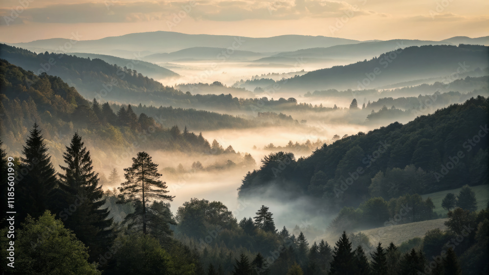 Obraz premium misty valley landscape with rolling hills and dense forests at sunrise