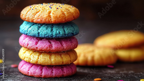 Colorful French cookies piled up on the table photo