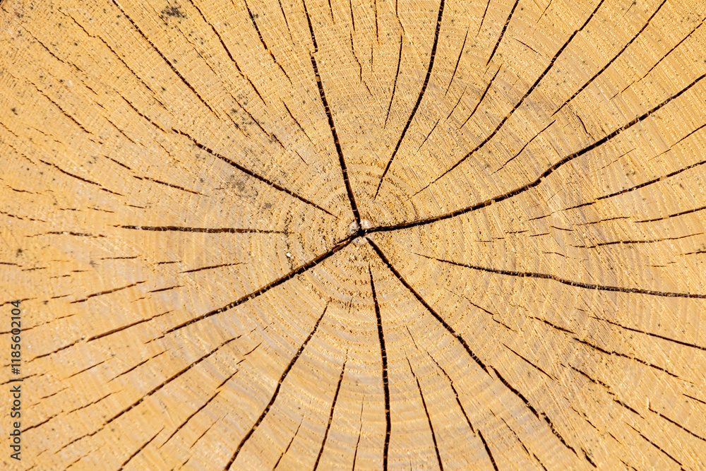 Fototapeta premium Close-up view of tree rings and splits on the cut face of a tree showcasing growth patterns and natural textures