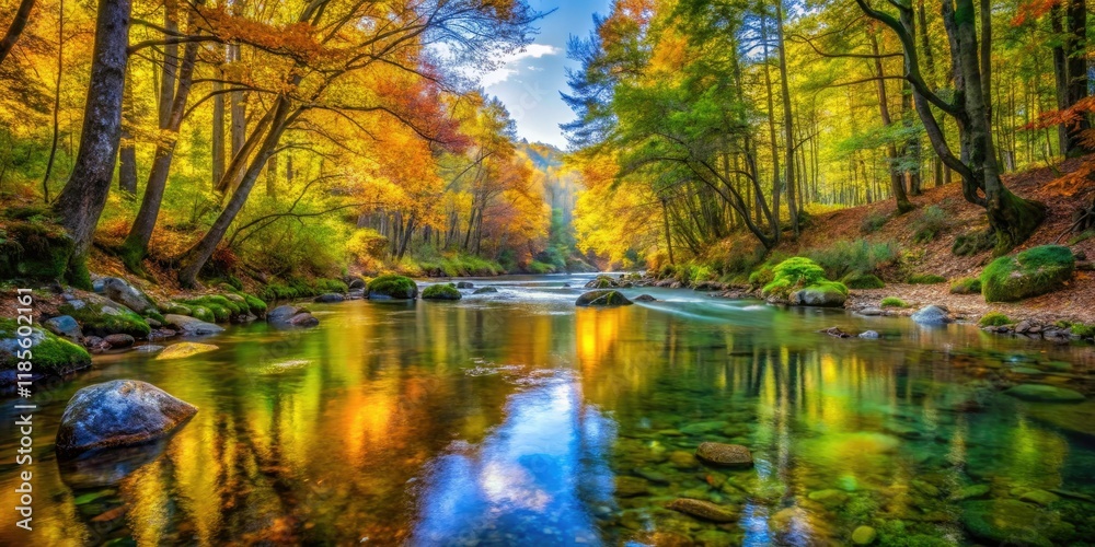 A babbling brook runs through a forest valley, its crystal clear waters reflecting the vibrant hues of the surrounding foliage, woodland, brook, forest creatures, trees A babbling brook runs through a forest valley, its crystal clear waters reflecting the vibrant hues of the surrounding foliage, woodland, brook, forest creatures, trees