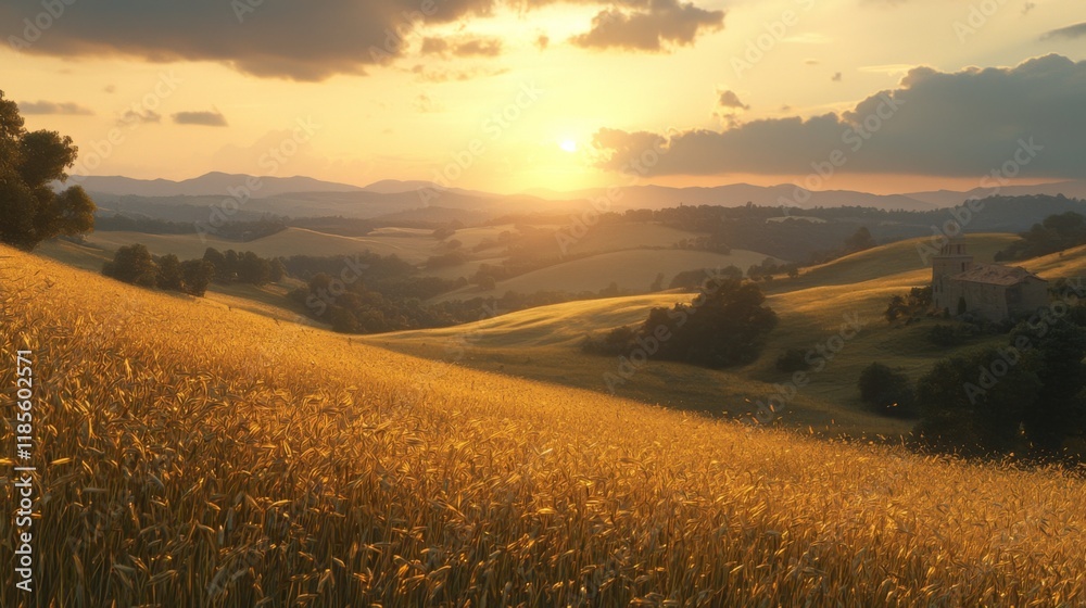 Fototapeta premium Golden Wheat Field Sunset Landscape Rolling Hills Rural Church Scenic Vista