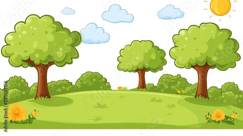 Idyllic Cartoon Landscape Featuring Lush Green Trees, Rolling Hills, and Sunny Sky
