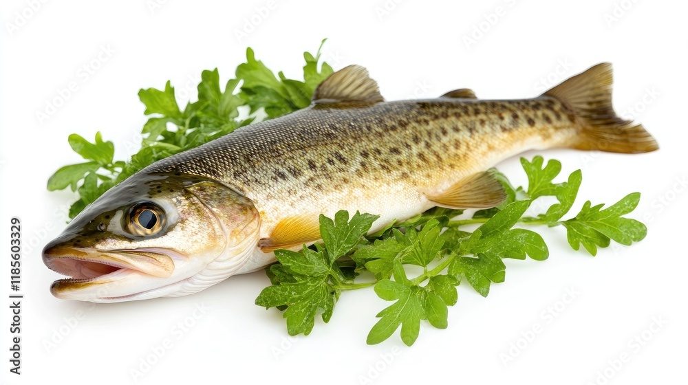 Freshly Caught Trout Surrounded by Green Herbs on a Bright White Background for Culinary Presentation or Seafood Promotion Freshly Caught Trout Surrounded by Green Herbs on a Bright White Background for Culinary Presentation or Seafood Promotion
