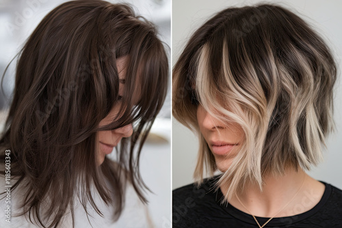 A hairstyle before and after a trendy haircut or dye photo