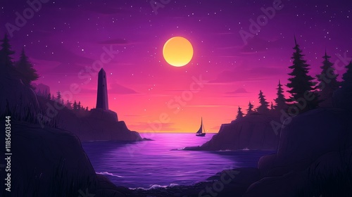 Purple Sunset over Coastal Landscape with Tower and Small Boat