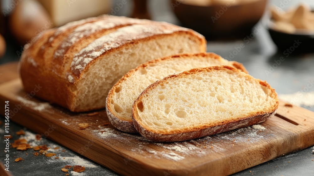 Artisan bread slices arranged on a wooden cutting board with flour dust and rustic kitchen background for fresh baking concepts. Artisan bread slices arranged on a wooden cutting board with flour dust and rustic kitchen background for fresh baking concepts.