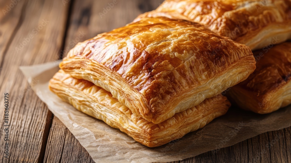 Golden Puff Pastry Layers Stacked on Rustic Wooden Table Background Golden Puff Pastry Layers Stacked on Rustic Wooden Table Background
