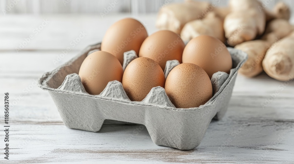 Fresh eggs in eco-friendly gray carton on rustic wooden table with ginger roots in the background for culinary and health-themed visuals