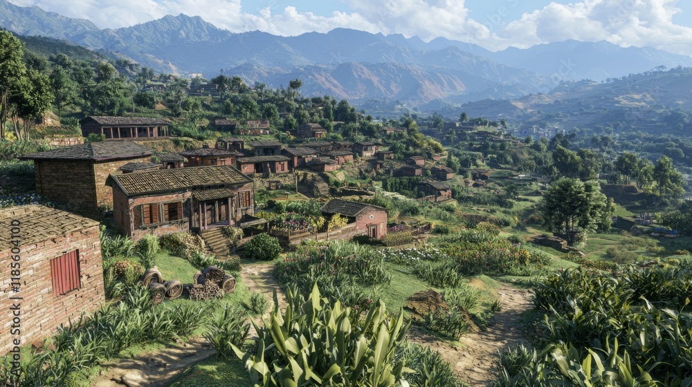 Picturesque Mountain Village Scene Lush Greenery Brick Houses Scenic Landscape Picturesque Mountain Village Scene Lush Greenery Brick Houses Scenic Landscape