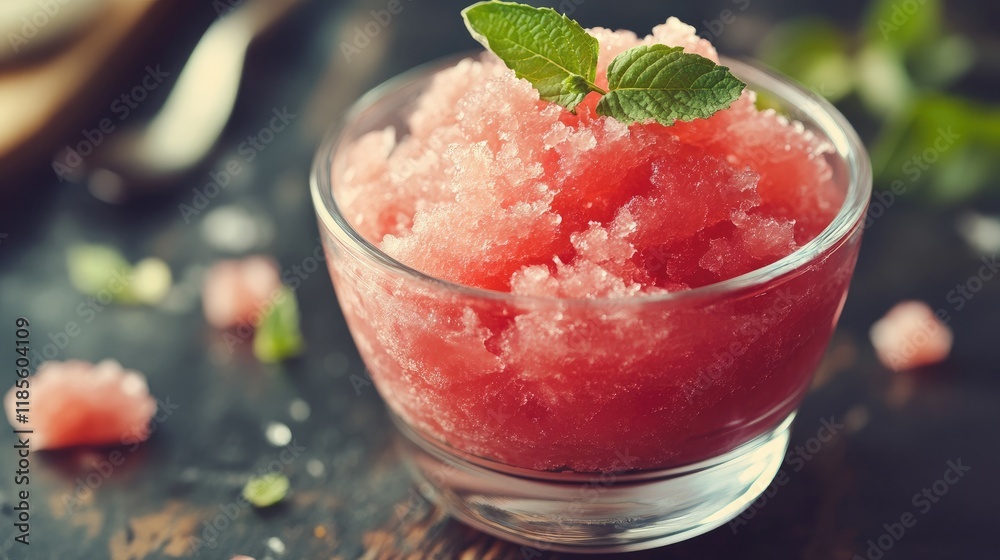 Organic watermelon granita served in a glass bowl garnished with mint leaves on a rustic wooden table Organic watermelon granita served in a glass bowl garnished with mint leaves on a rustic wooden table
