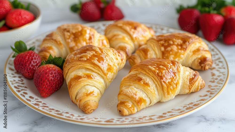 Deliciously Baked Croissants with Fresh Strawberries in Elegant Breakfast Setting on Marble Table Deliciously Baked Croissants with Fresh Strawberries in Elegant Breakfast Setting on Marble Table
