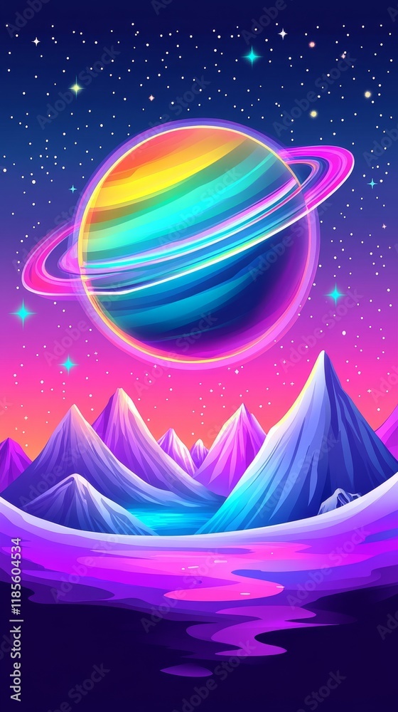 Fototapeta premium Rainbow Planet with Rings Over a Purple and Pink Mountain Range at Night