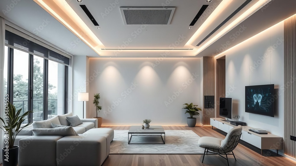 Futuristic smart home interior with AI technology, minimalist design, and sleek finishes, design, advanced Futuristic smart home interior with AI technology, minimalist design, and sleek finishes, design, advanced