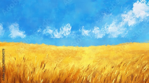 Golden wheat field under a vibrant blue sky with fluffy clouds creating a serene and picturesque rural landscape. photo