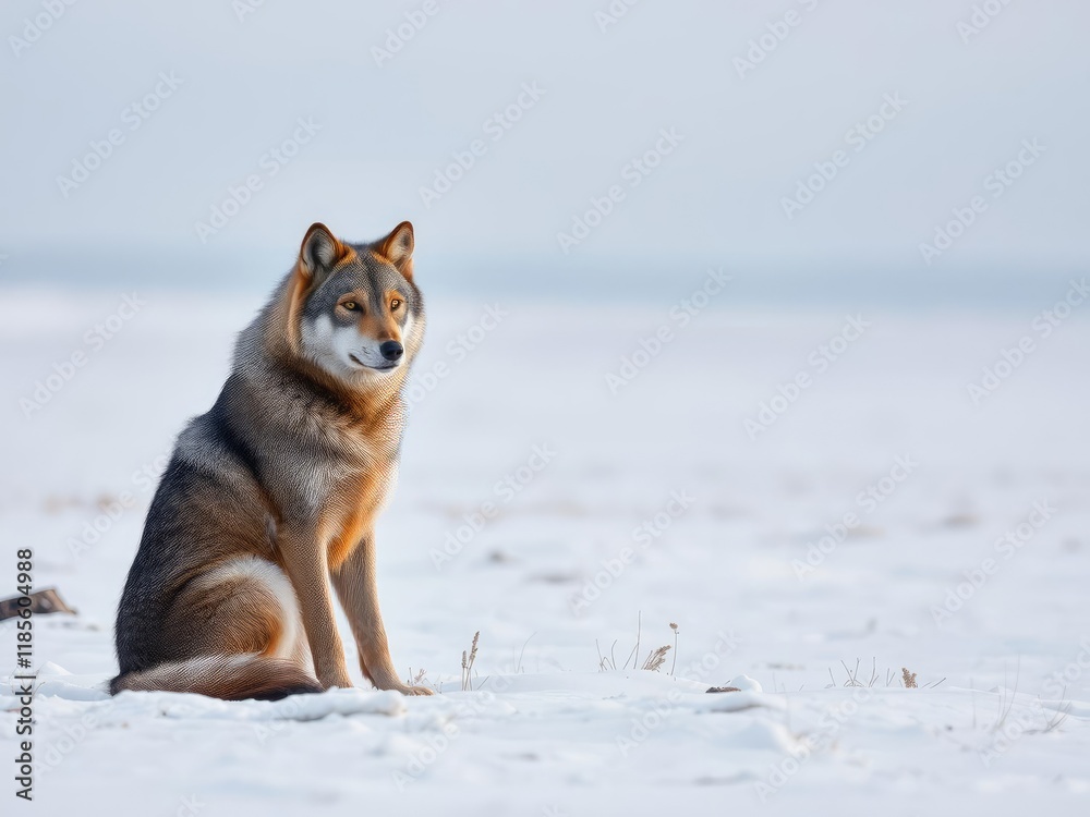 A grey wolf sits on its haunches in a snowy field, watching the horizon with piercing yellow eyes, forest creature, alertness, solo animal