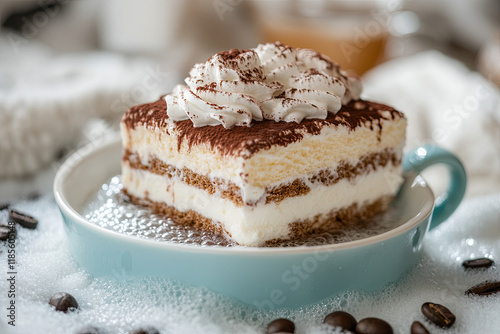 A slice of tiramisu lounging in a coffee cup hot tub, with whipped cream bubbles photo