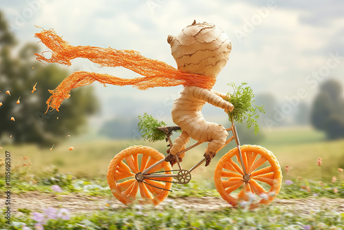 A ginger root riding a bicycle made of carrot wheels, with a scarf flying in the wind photo