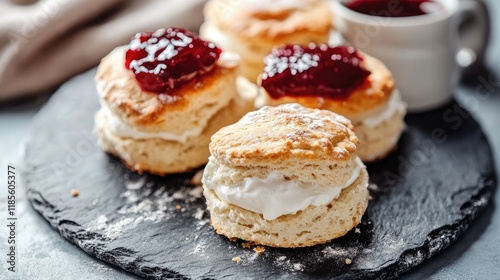 Wallpaper Mural Delicious Freshly Baked Scones Topped with Cream and Strawberry Jam on Slate Serving Board Torontodigital.ca