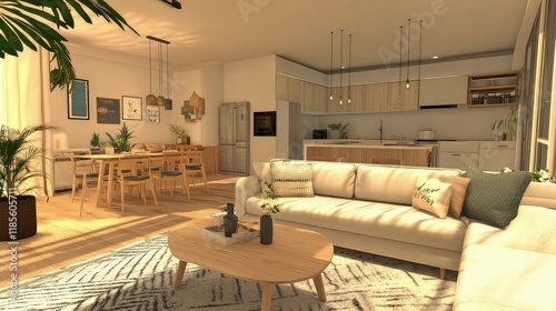 A large, comfortable sofa, adorned with a mix of plush pillows in various neutral shades, sits as the centerpiece. 