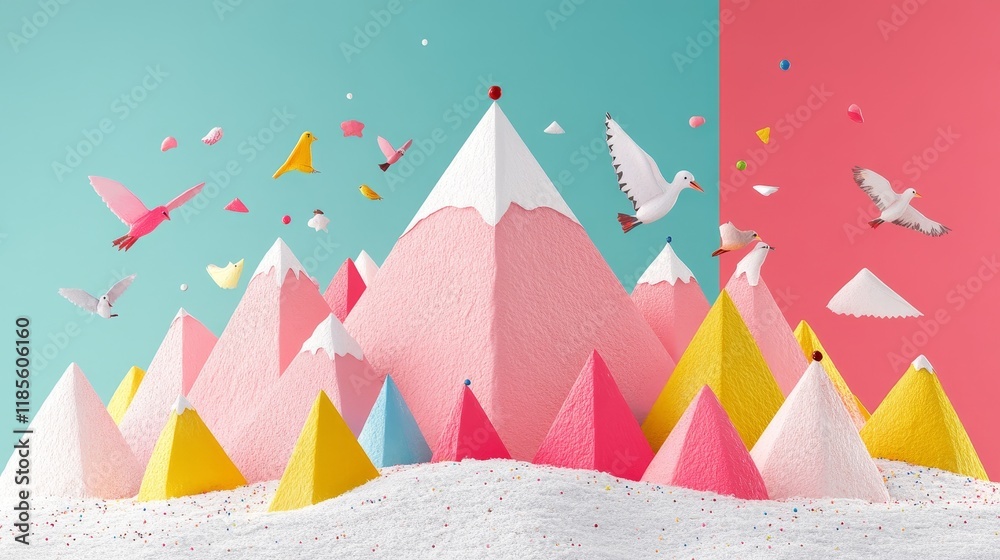 Obraz premium Whimsical Paper Mountain Range with Flying Birds and Confetti