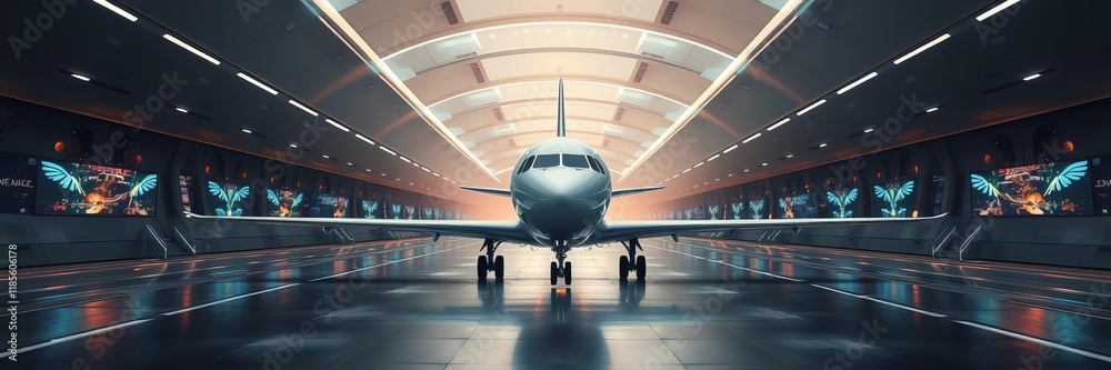 Fototapeta premium Futuristic airplane on glowing runway, runway, technology