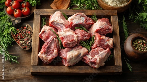 Rustic presentation of fresh goat meat on a wooden board surrounded by herbs and spices for a farm-to-table culinary experience photo